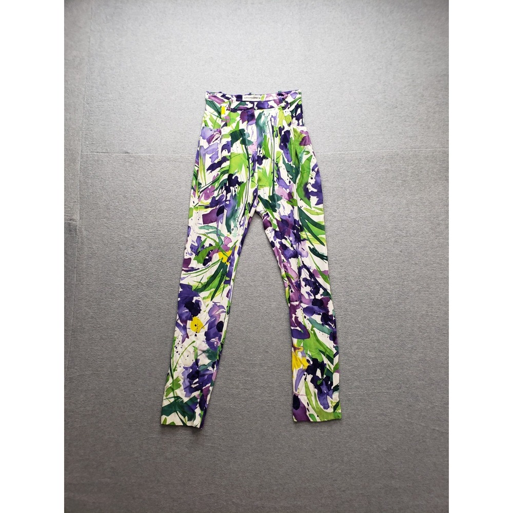 Leonard Paris Women Pant 38 Purple Floral Print Slim Straight Leg High Waist